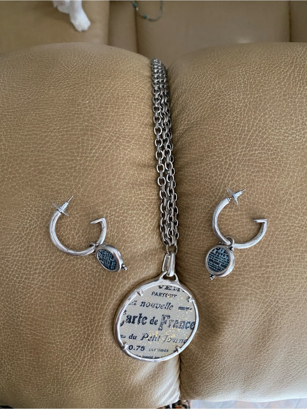 Patricia Nash Silver Newspaper Pendant Necklace with Matching Hoop Drops